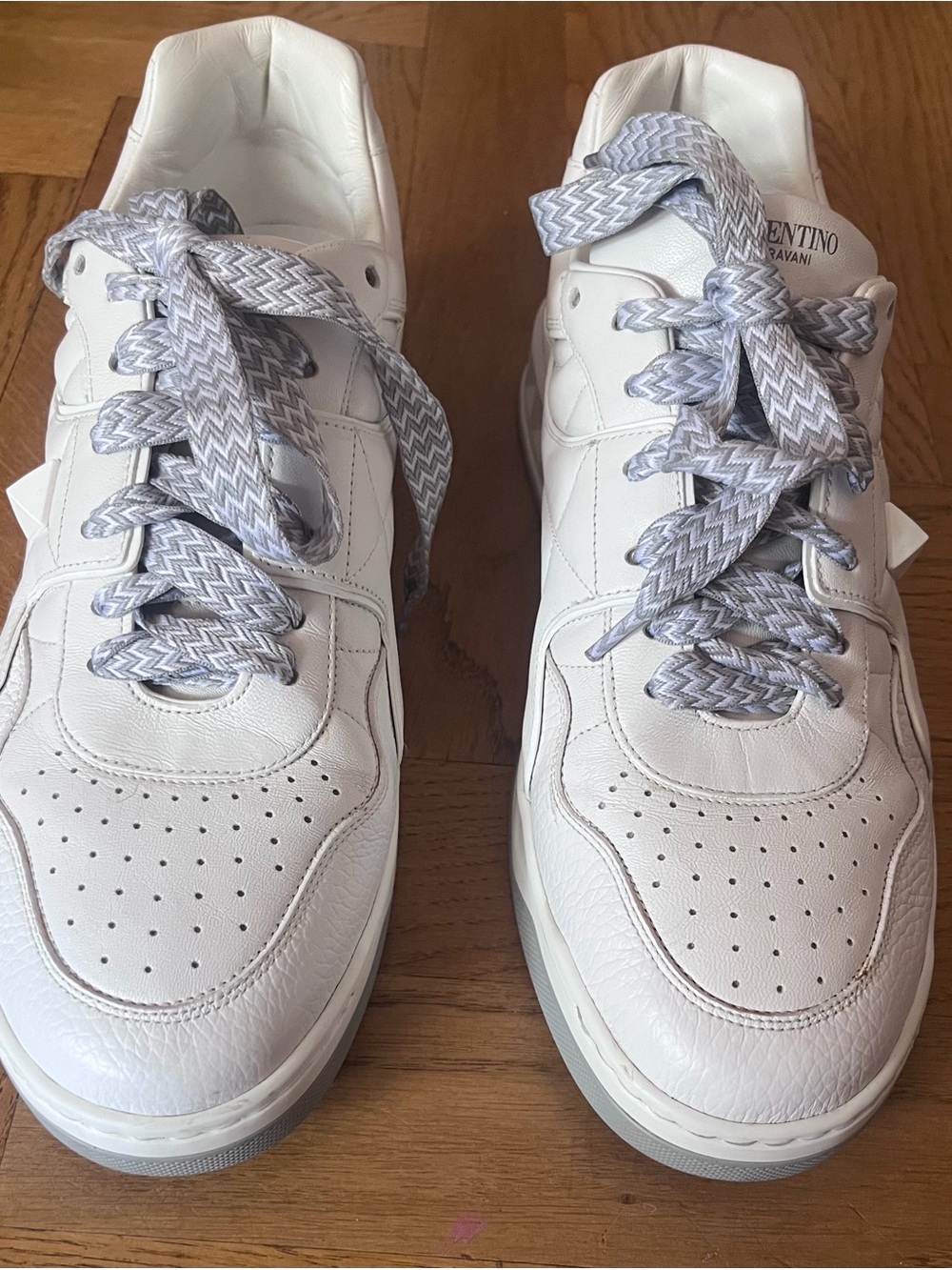Valentino Garavani White Leather Sneakers with Gray Chevron Laces